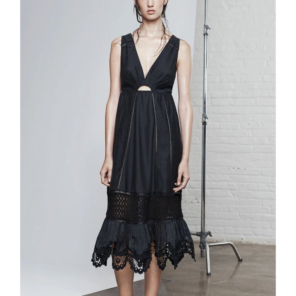 THAKOON luxe black silk cocktail/occasion midi dress, lace Insets S10